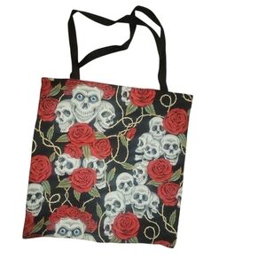 rockabilly pinup skulls red roses thorns handmade tote bag denim lined handbag